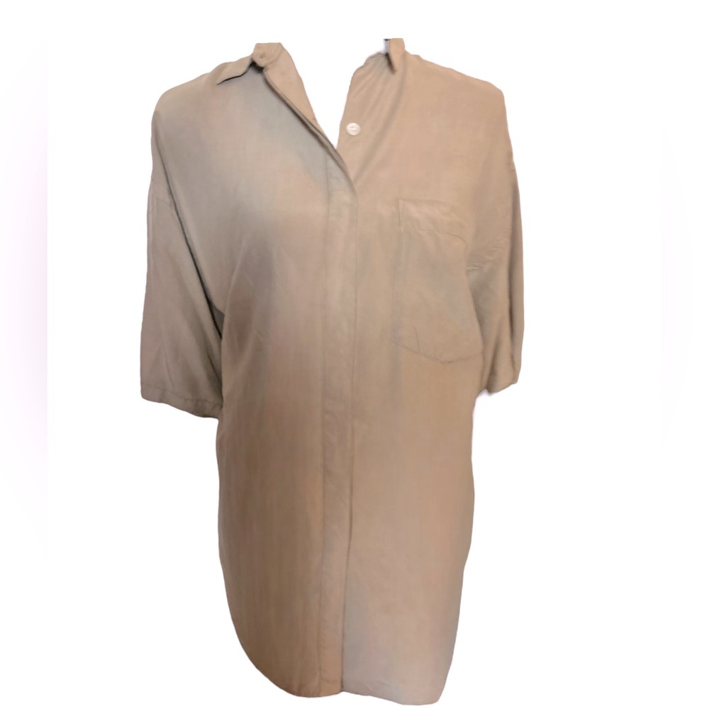 KIKIT 100% Silk Blouse Button Down Cream Cuffed Sleeves Small